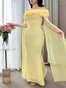 Feyla 女士纯色3D立体花卉装饰露肩修身连衣裙，裙摆呈喇叭形，优雅 - 淡黃色 - 查看 5