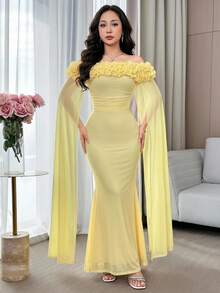 Feyla 女士纯色3D立体花卉装饰露肩修身连衣裙，裙摆呈喇叭形，优雅 - 淡黃色 - 查看 1