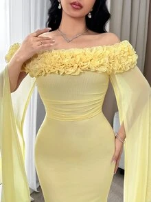 Feyla 女士纯色3D立体花卉装饰露肩修身连衣裙，裙摆呈喇叭形，优雅 - 淡黃色 - 查看 3