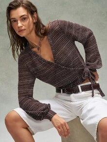 Bohemela Casual Knit Solid Color Women's T-Shirt Brunch Going Out Brown And White Polka Dot Autumn - Burgundy - View 7