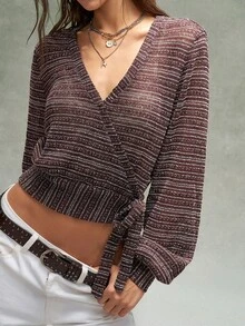 Bohemela Casual Knit Solid Color Women's T-Shirt Brunch Going Out Brown And White Polka Dot Autumn - Burgundy - View 6