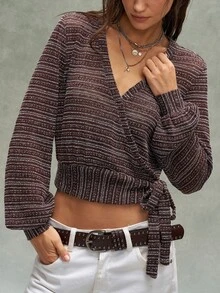 Bohemela Casual Knit Solid Color Women's T-Shirt Brunch Going Out Brown And White Polka Dot Autumn - Burgundy - View 8