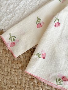 SHEIN 女嬰花卉圖案厚款長袖套頭上衣＋鬆緊腰長褲 2件套 夜色米色 秋冬可愛款，1組隨機發貨 - 彩色 - 查看 4