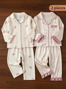 SHEIN 女嬰花卉圖案厚款長袖套頭上衣＋鬆緊腰長褲 2件套 夜色米色 秋冬可愛款，1組隨機發貨 - 彩色 - 查看 1