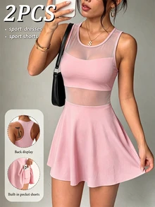 Dewbera Dewbera Spring/Summer Women's Sports Dress, Black Sexy Front Mesh Patchwork, Large Scoop Neck, Ruffle Hem, Back Y-Strap, Detachable Lining Shorts And Pockets, Suitable For Casual, Running, Yoga, Gym, Tennis, Golf - Pink - View 6