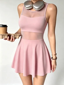 Dewbera Dewbera Spring/Summer Women's Sports Dress, Black Sexy Front Mesh Patchwork, Large Scoop Neck, Ruffle Hem, Back Y-Strap, Detachable Lining Shorts And Pockets, Suitable For Casual, Running, Yoga, Gym, Tennis, Golf - Pink - View 3