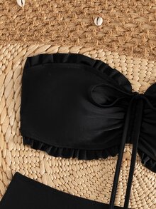 SHEIN Swim 女款夏季海灘度假新款可愛無肩帶碎花荷葉邊小碎花套裝 精緻珍珠吊墜抽繩比基尼套裝 - 黑色 - 查看 3