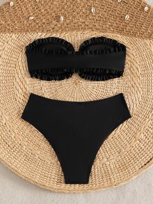SHEIN Swim 女款夏季海灘度假新款可愛無肩帶碎花荷葉邊小碎花套裝 精緻珍珠吊墜抽繩比基尼套裝 - 黑色 - 查看 2