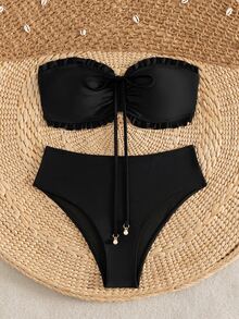 SHEIN Swim 女款夏季海灘度假新款可愛無肩帶碎花荷葉邊小碎花套裝 精緻珍珠吊墜抽繩比基尼套裝 - 黑色 - 查看 5