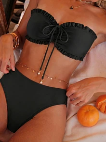 SHEIN Swim 女款夏季海灘度假新款可愛無肩帶碎花荷葉邊小碎花套裝 精緻珍珠吊墜抽繩比基尼套裝 - 黑色 - 查看 1
