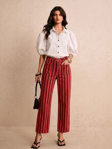 Poéselle Women's Casual Commute Striped Straight Leg Jeans Fall - Red - View 6