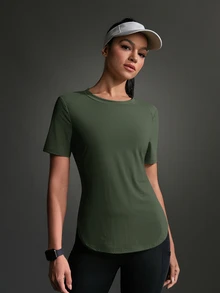 SHEIN Sports Athletic T-Shirt & Tank Tops, Solid Color, Minimalist & Fashionable Design, Suitable For Summer Gym Women Shirts - Army Green - View 8