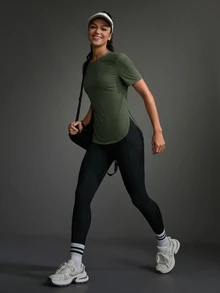 SHEIN Sports Athletic T-Shirt & Tank Tops, Solid Color, Minimalist & Fashionable Design, Suitable For Summer Gym Women Shirts - Army Green - View 7
