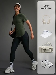 SHEIN Sports Athletic T-Shirt & Tank Tops, Solid Color, Minimalist & Fashionable Design, Suitable For Summer Gym Women Shirts - Army Green - View 5
