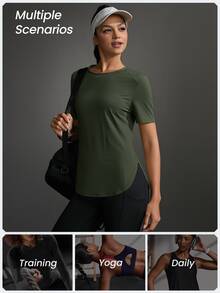 SHEIN Sports Athletic T-Shirt & Tank Tops, Solid Color, Minimalist & Fashionable Design, Suitable For Summer Gym Women Shirts - Army Green - View 6