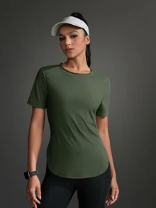 SHEIN Sports Athletic T-Shirt & Tank Tops, Solid Color, Minimalist & Fashionable Design, Suitable For Summer Gym Women Shirts - Army Green - View 15