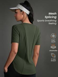 SHEIN Sports Athletic T-Shirt & Tank Tops, Solid Color, Minimalist & Fashionable Design, Suitable For Summer Gym Women Shirts - Army Green - View 2