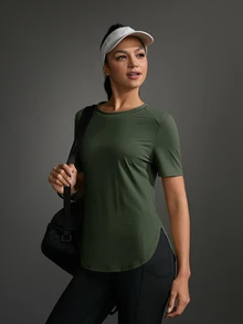 SHEIN Sports Athletic T-Shirt & Tank Tops, Solid Color, Minimalist & Fashionable Design, Suitable For Summer Gym Women Shirts - Army Green - View 10
