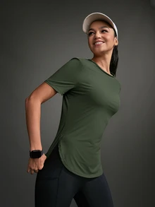SHEIN Sports Athletic T-Shirt & Tank Tops, Solid Color, Minimalist & Fashionable Design, Suitable For Summer Gym Women Shirts - Army Green - View 13