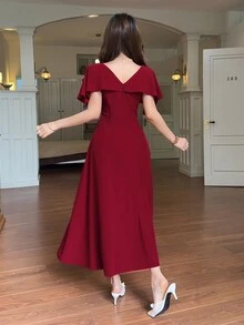 Feyla 女士花卉刺绣图案优雅收腰中长连衣裙，适合派对和各种场合 - 酒紅色 - 查看 3