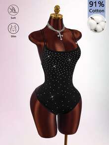 Amplova Women's Rhinestone Embellished Casual Bandage Goth Sexy Daily Wear Camisole Camisole Halloween Club Night Black And White Polka Dot Summer - Black - View 4