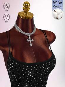 Amplova Women's Rhinestone Embellished Casual Bandage Goth Sexy Daily Wear Camisole Camisole Halloween Club Night Black And White Polka Dot Summer - Black - View 5