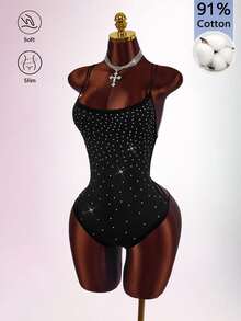 Amplova Women's Rhinestone Embellished Casual Bandage Goth Sexy Daily Wear Camisole Camisole Halloween Club Night Black And White Polka Dot Summer - Black - View 3
