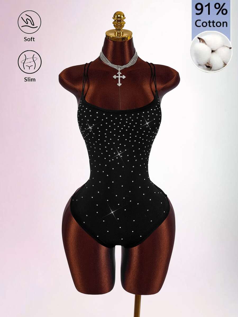 Amplova Women's Rhinestone Embellished Casual Bandage Goth Sexy Daily Wear Camisole Camisole Halloween Club Night Black And White Polka Dot Summer - Black - View 1