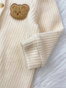 SHEIN 新生兒加厚刷毛紋理布料前開襟可愛熊裝飾柔軟長袖連身睡衣，適合冬季 - 杏色 - 查看 3