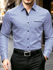 Manfinity Homme Men's Plus Size Business Casual Long Sleeve Shirt - Blue and White - View 1