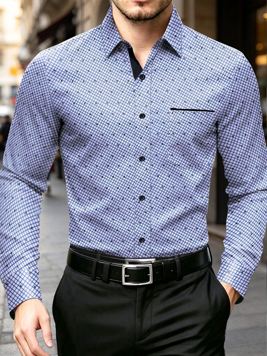 Manfinity Homme Men's Plus Size Business Casual Long Sleeve Shirt - Blue and White - View 1