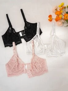 Seduluxe 3pcs Plus Size Lace Comfortable Wire-Free Breathable Front-Clasp Bras, Lift - Multicolor - View 10
