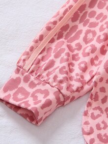 SHEIN 2件組少女粉色豹紋連帽衫與喇叭褲套裝，側條紋長袖上衣，休閒少女運動服 - 粉色 - 查看 6