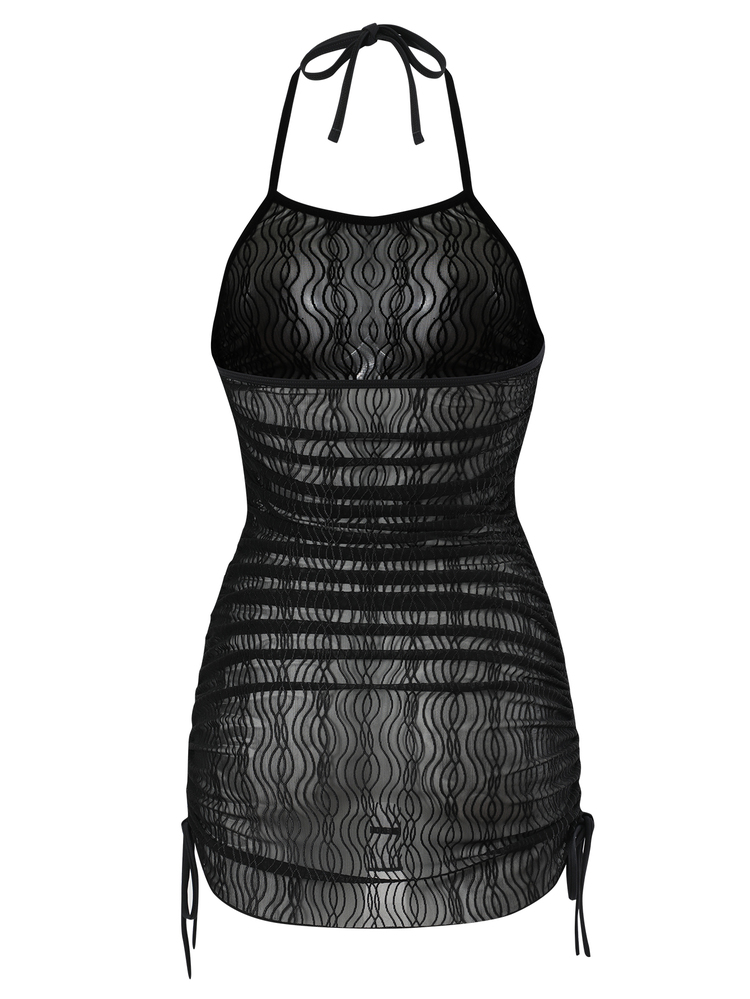 SHEIN SXY Summer Beach Hollow Out Drawstring Side Halter Cover Up - Black - View 3