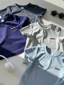 SHEIN 4pcs/Set Unisex Baby Basic Solid Color Crew Neck Short Sleeve T-Shirt Knit Tops Set,Navy Blue,Summer,Casual,Carrer Day,Back-To-School Toddler Boy Tops - Blue - View 5