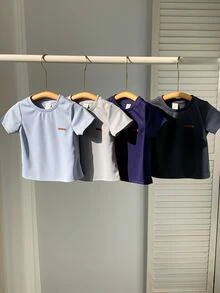 SHEIN 4pcs/Set Unisex Baby Basic Solid Color Crew Neck Short Sleeve T-Shirt Knit Tops Set,Navy Blue,Summer,Casual,Carrer Day,Back-To-School Toddler Boy Tops - Blue - View 4