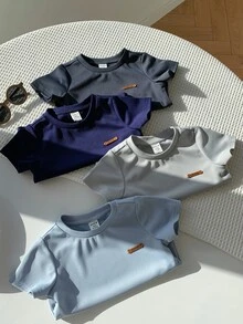 SHEIN 4pcs/Set Unisex Baby Basic Solid Color Crew Neck Short Sleeve T-Shirt Knit Tops Set,Navy Blue,Summer,Casual,Carrer Day,Back-To-School Toddler Boy Tops - Blue - View 6