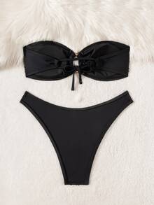 SHEIN Swim 女士泳衣夏季新款纯色亮片抹胸系带蝴蝶结上衣海滩度假比基尼套装 - 黑色 - 查看 6