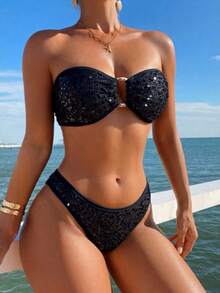 SHEIN Swim 女士泳衣夏季新款纯色亮片抹胸系带蝴蝶结上衣海滩度假比基尼套装 - 黑色 - 查看 4