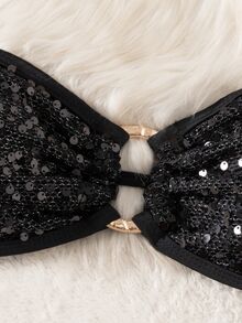 SHEIN Swim 女士泳衣夏季新款纯色亮片抹胸系带蝴蝶结上衣海滩度假比基尼套装 - 黑色 - 查看 7