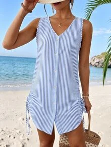 SHEIN Swim 女士夏季泳衣成熟条纹单排扣无袖衬衫式和服罩衫，适合海滩度假 - 藍色 - 查看 3