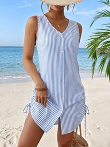 SHEIN Swim 女士夏季泳衣成熟条纹单排扣无袖衬衫式和服罩衫，适合海滩度假 - 藍色 - 查看 5