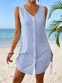 SHEIN Swim 女士夏季泳衣成熟条纹单排扣无袖衬衫式和服罩衫，适合海滩度假 - 藍色 - 查看 4