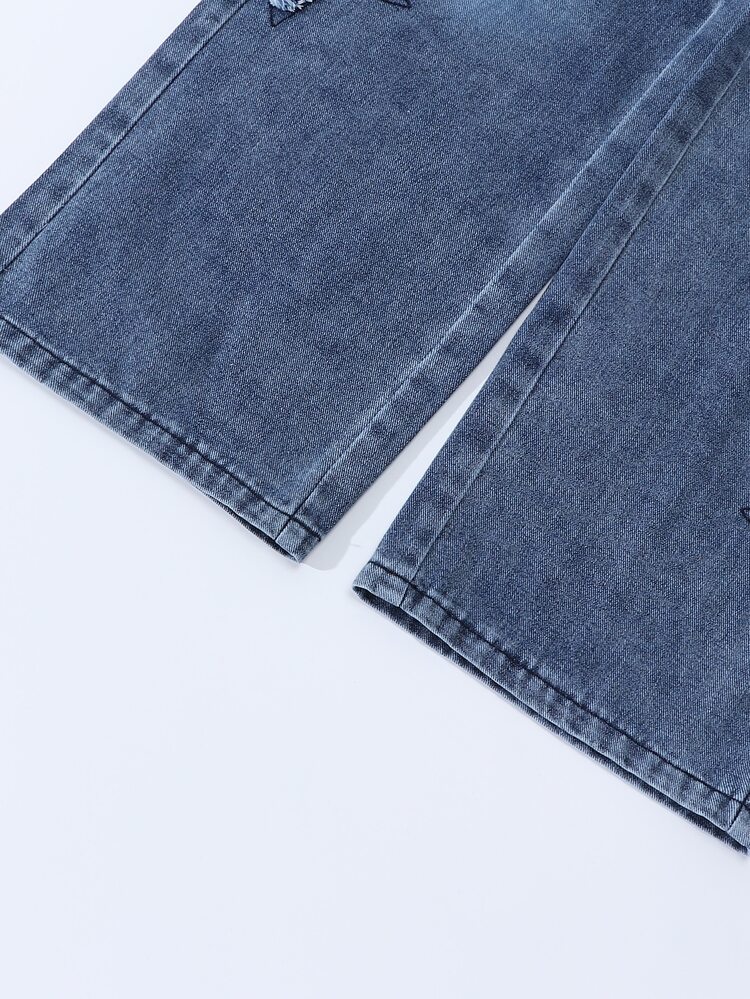SHEIN Celana Jeans Remaja Perempuan, Biru Tua Gaya Y2K Longgar dengan Bordir Bintang, Potongan Lebar, Denim Katun, Pakaian Jalanan Musim Panas untuk Kembali ke Sekolah, Biru Muda Pudar untuk Pesta Prom dan Acara Formal - Medium Wash - View 4