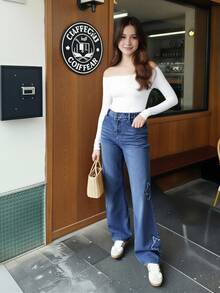 SHEIN Teen Girl Jeans,Navy Blue Y2K Baggy Star Embroidery Wide Leg Cotton Denim,Back-To-School Summer Streetwear,Holiday Mid-Blue Washed Prom Party Formal - Medium Wash - View 7