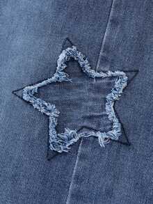 SHEIN Teen Girl Jeans,Navy Blue Y2K Baggy Star Embroidery Wide Leg Cotton Denim,Back-To-School Summer Streetwear,Holiday Mid-Blue Washed Prom Party Formal - Medium Wash - View 9