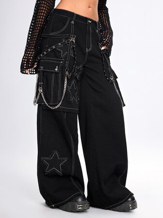 Grunge Punk Punk Metal Eyelet Rivet Design Five-Point Star Patchwork Embroidery Chain Low Waist Super Loose Wide Leg Denim Jeans