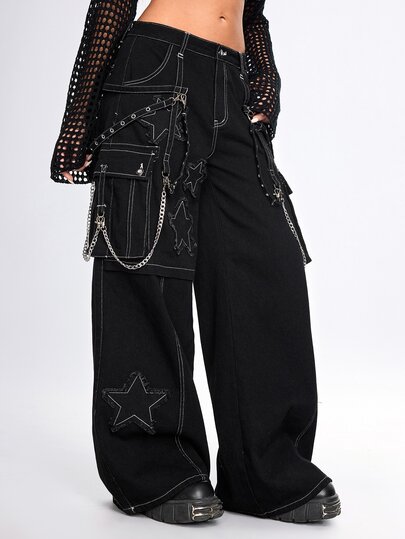 Grunge Punk Punk-Metal-Ösen-Nieten-Design Fünf-Ecke-Stern-Patchwork-Stickerei-Kette Tiefe Taille Super-Locker Weites Bein Denim Jeans
