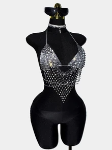 EgrlEra Petite Women's Fishnet Rhinestone Spaghetti Strap Strap Top, Rhinestone Embellished Sparkling Design Perfect For Bar, Party, Club Outfits - Dark Grey - View 6