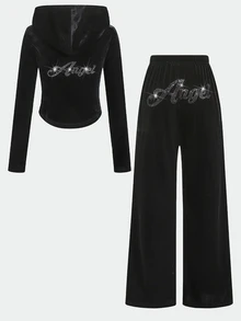 SHEIN 青少年女孩/小女孩秋冬休閒街頭風針織天鵝絨連帽收腰水鑽後背夾克與長褲套裝，日常出遊、返校穿著，黑色夾克套裝 - 黑色 - 查看 4